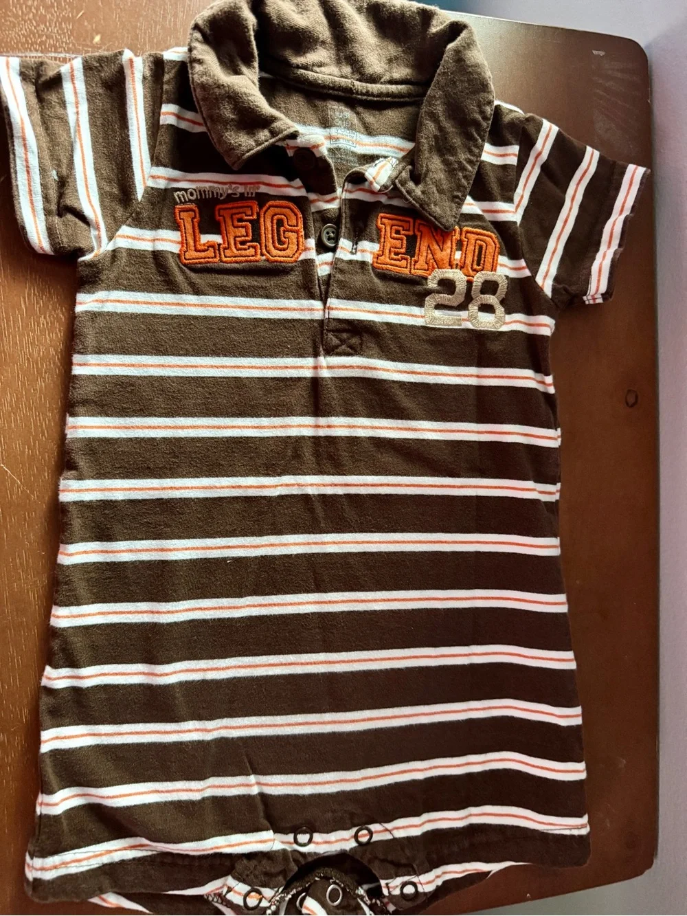 Carter’s Brown Striped Polo-Style One-Piece Bodysuit with 'Legend' embroidered.